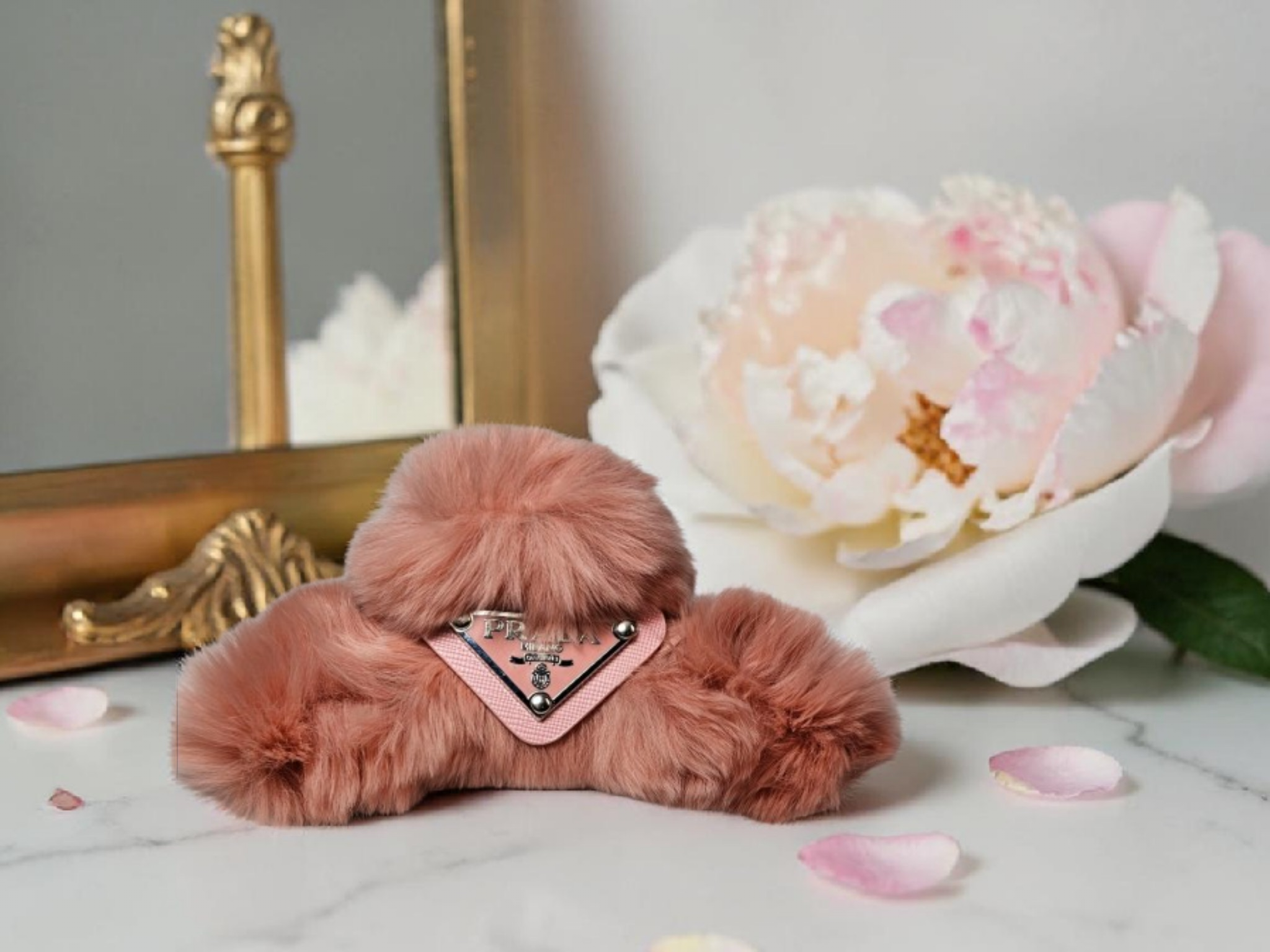 Logo Charm Pink Fur Hair Claw Clip Spring