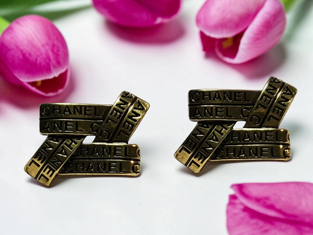 Chanel Antique Gold Charm Crossbar Pierced Earrings