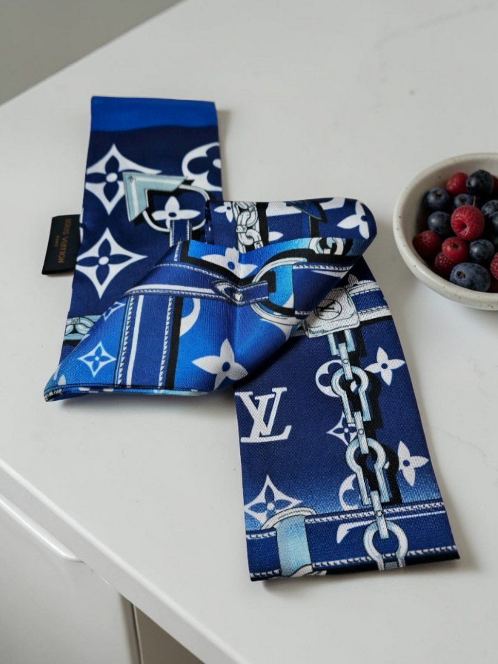 Louis Logo Bag scarf Hair Accessory Tagged 100% Silk Blue