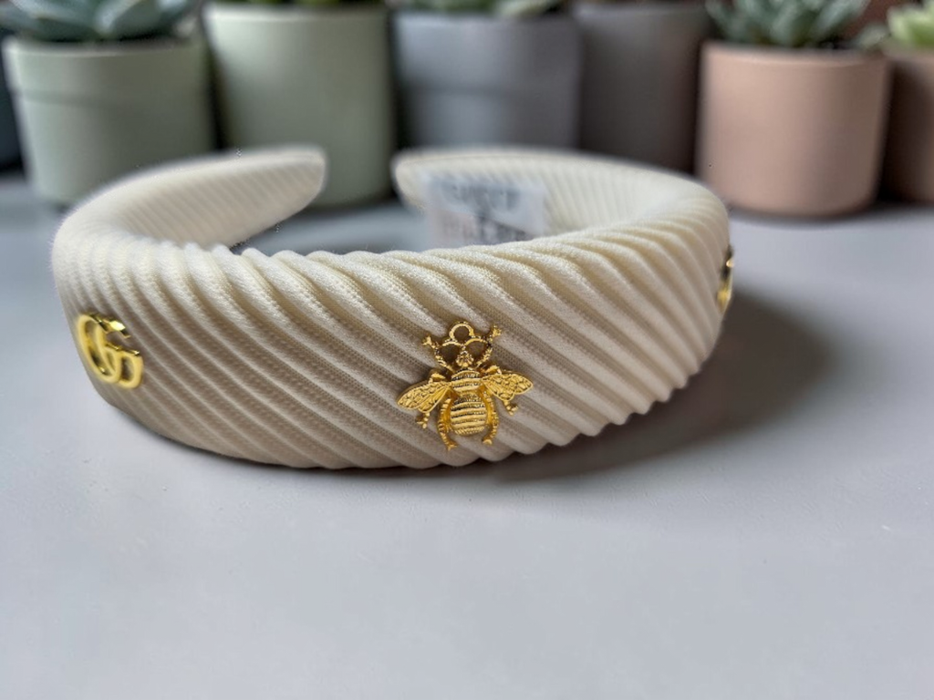 GG Bee Charm Headband — Cream Corduroy & Gold Accents