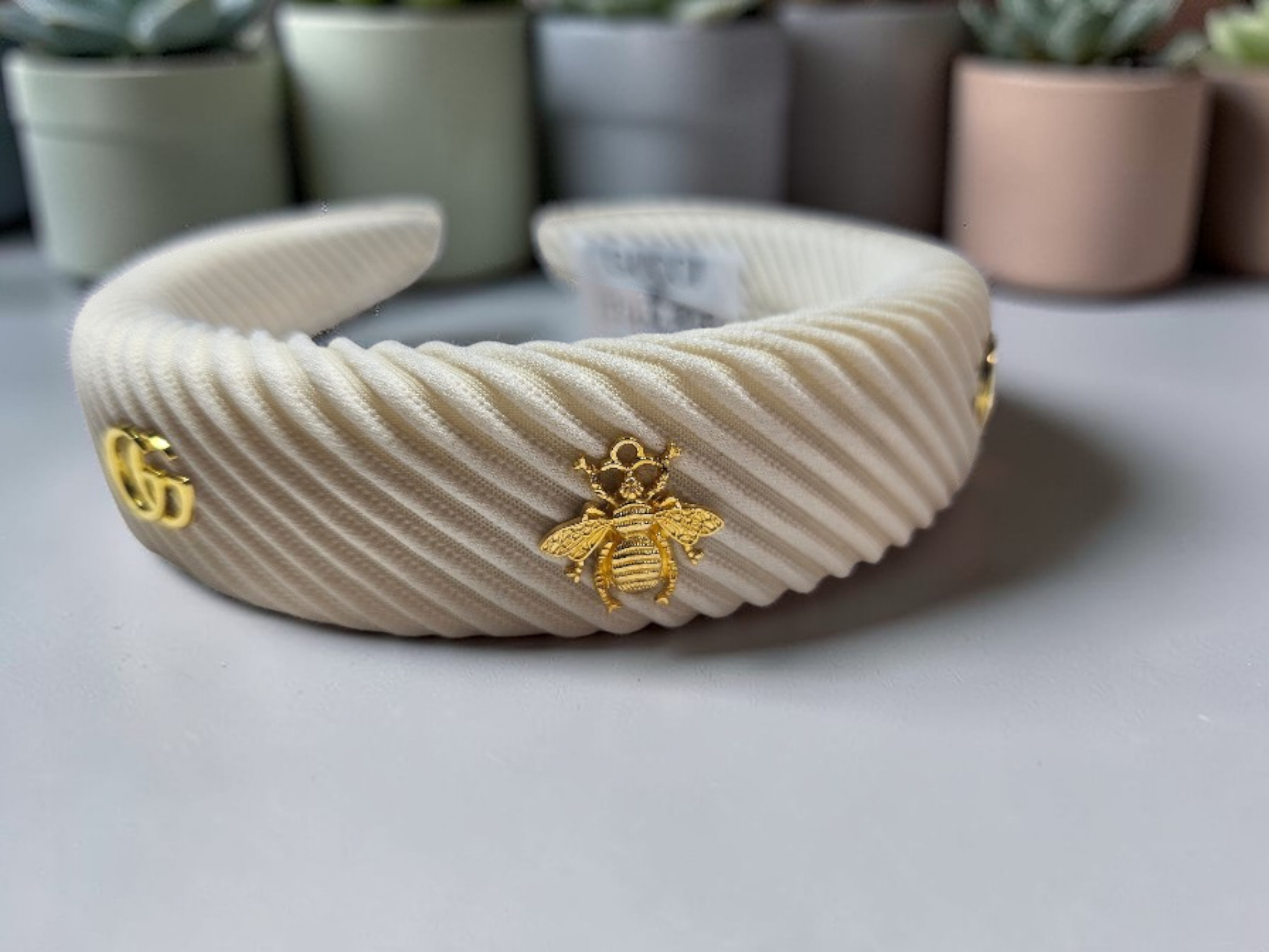 GG Bee Charm Headband — Cream Corduroy & Gold Accents