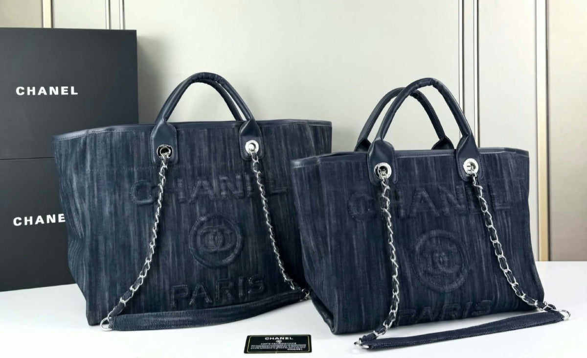 C Logo Dark Blue Denim XL Tote Bag