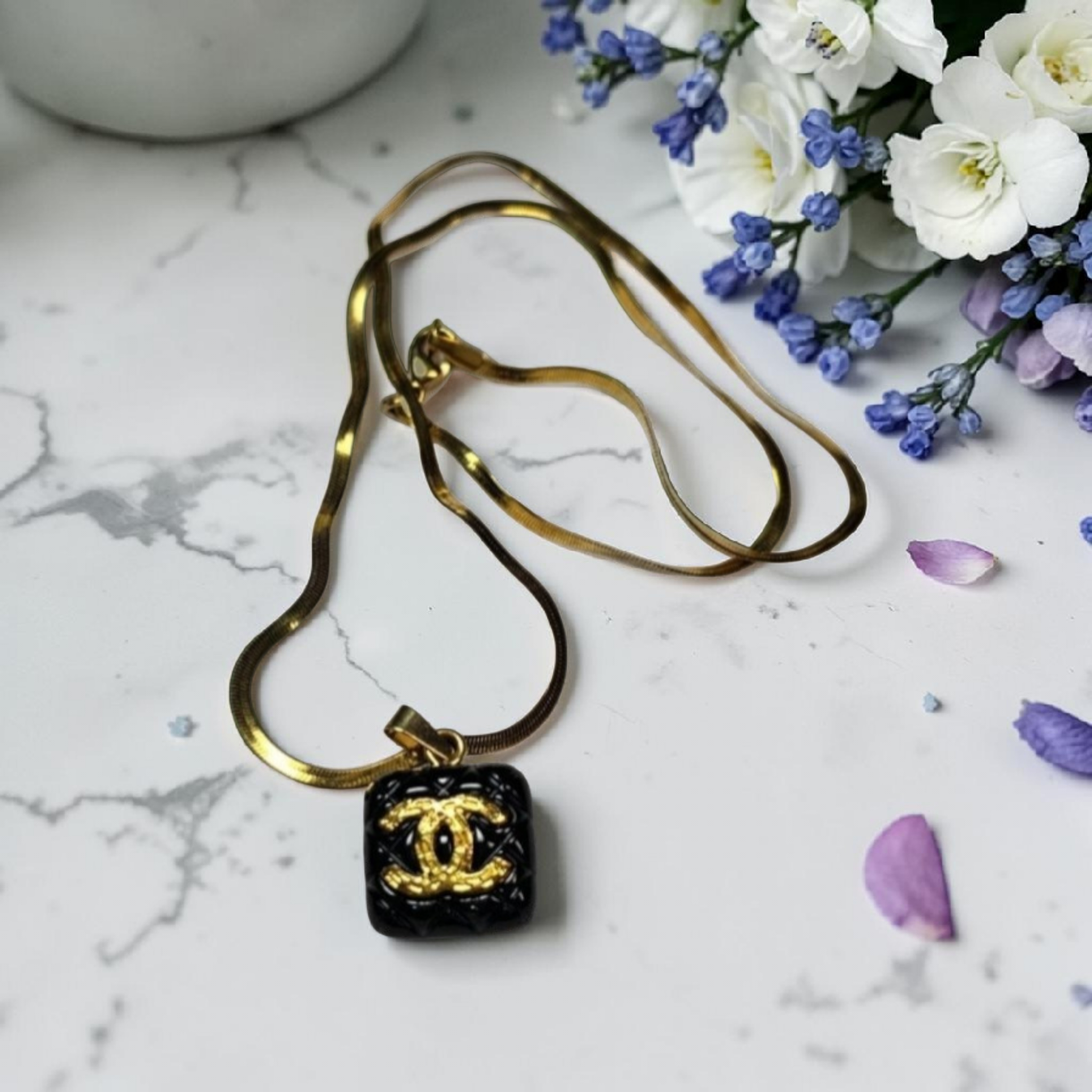 CC Logo Charm Pendant Necklace Black Enamel Square