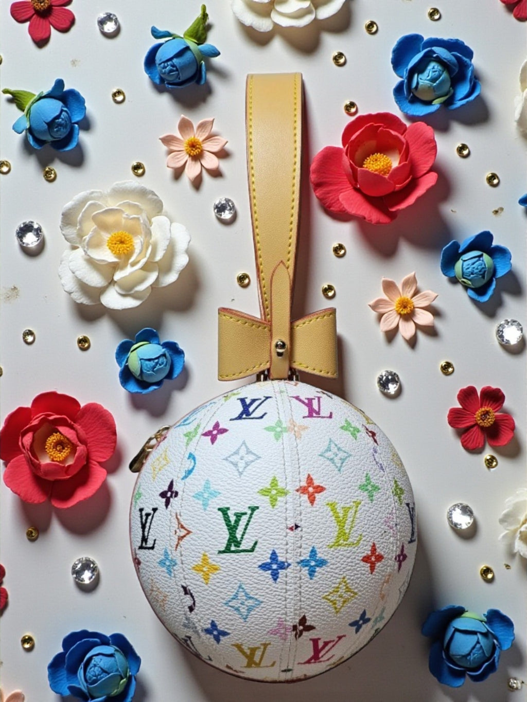 LV x White Murakami Monogram Logo Holiday Ball wristlet bag