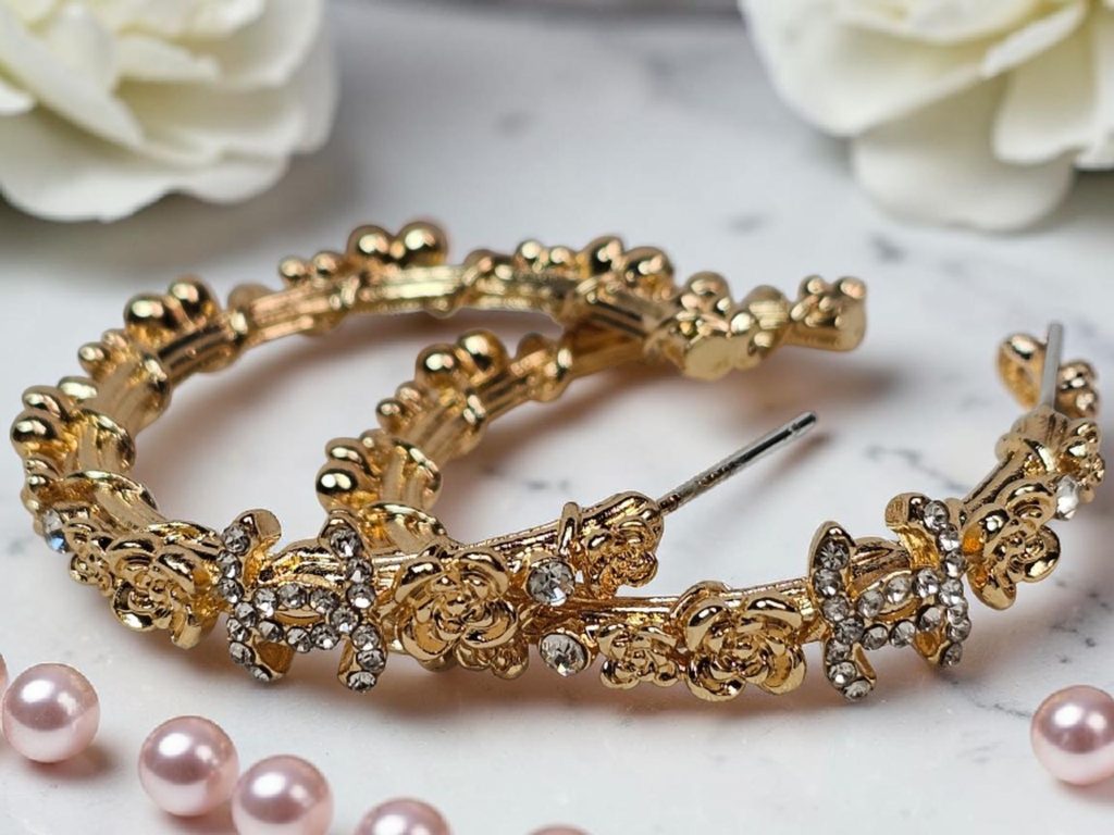 CC Camellia logo Gold and Gemstone Statement Hoops