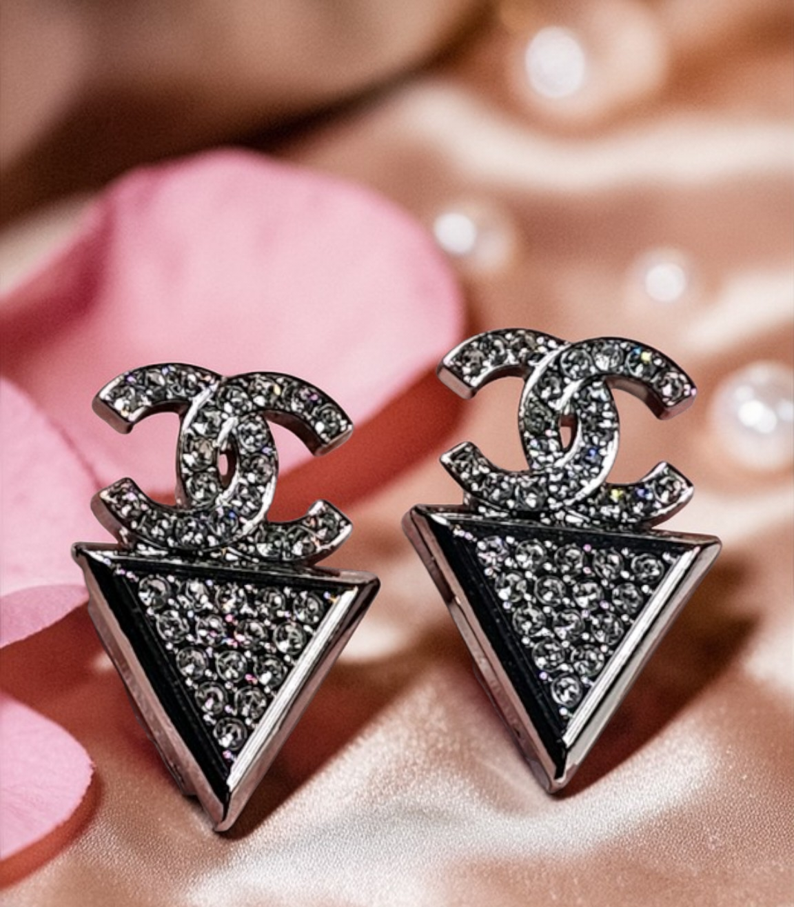 Chanel White Gold logo charm Geometric Statement Earrings