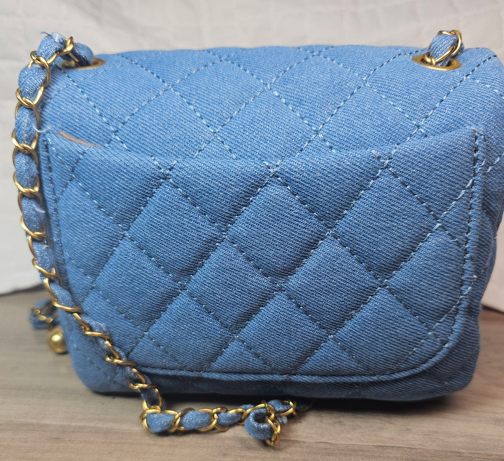 CC Logo Denim mini Crossbody Bag with Ball chain Strap