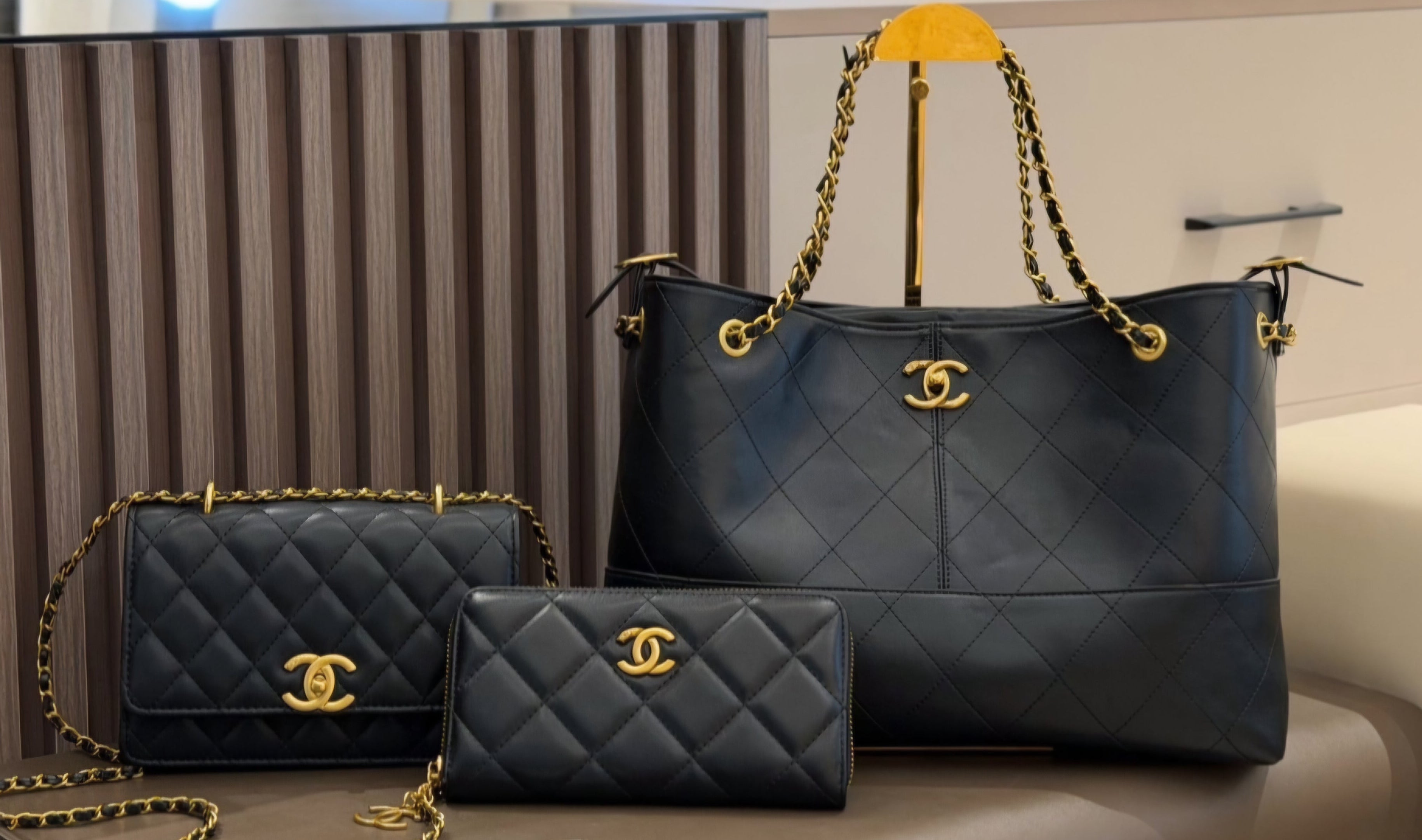 3 piece Black C logo Large Tote, single flap Crossbody and long Wallet