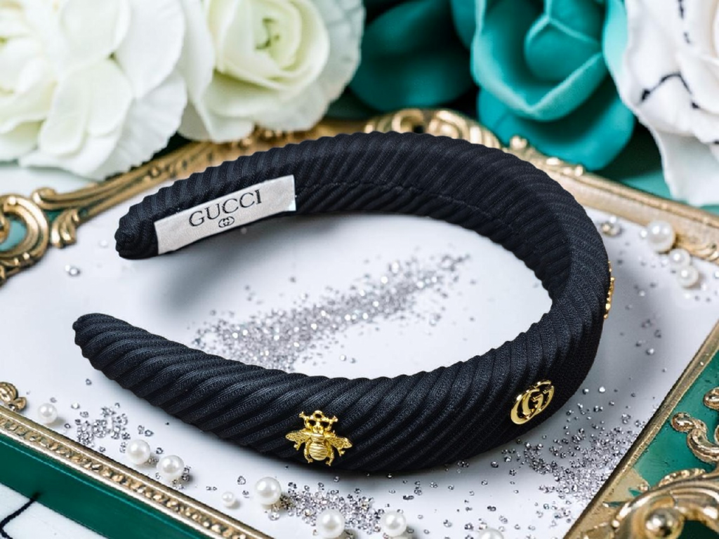 GG Logo Bee Headband Black Corduroy with Charms