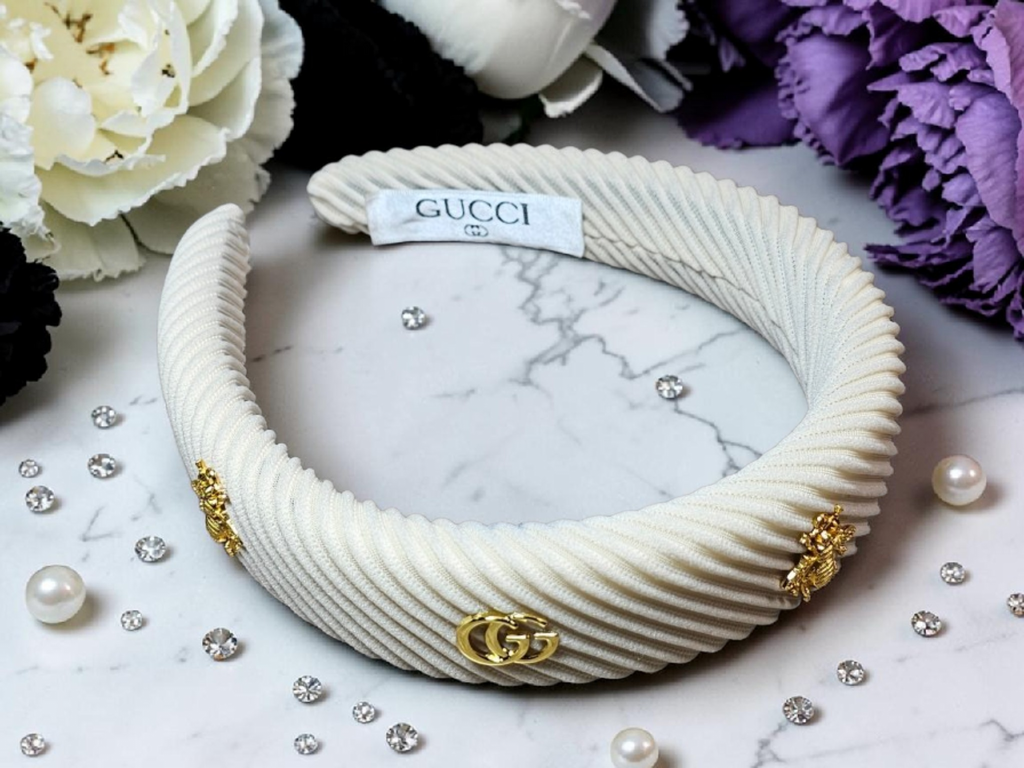 GG Bee Charm Corduroy Headband Gold and Cream