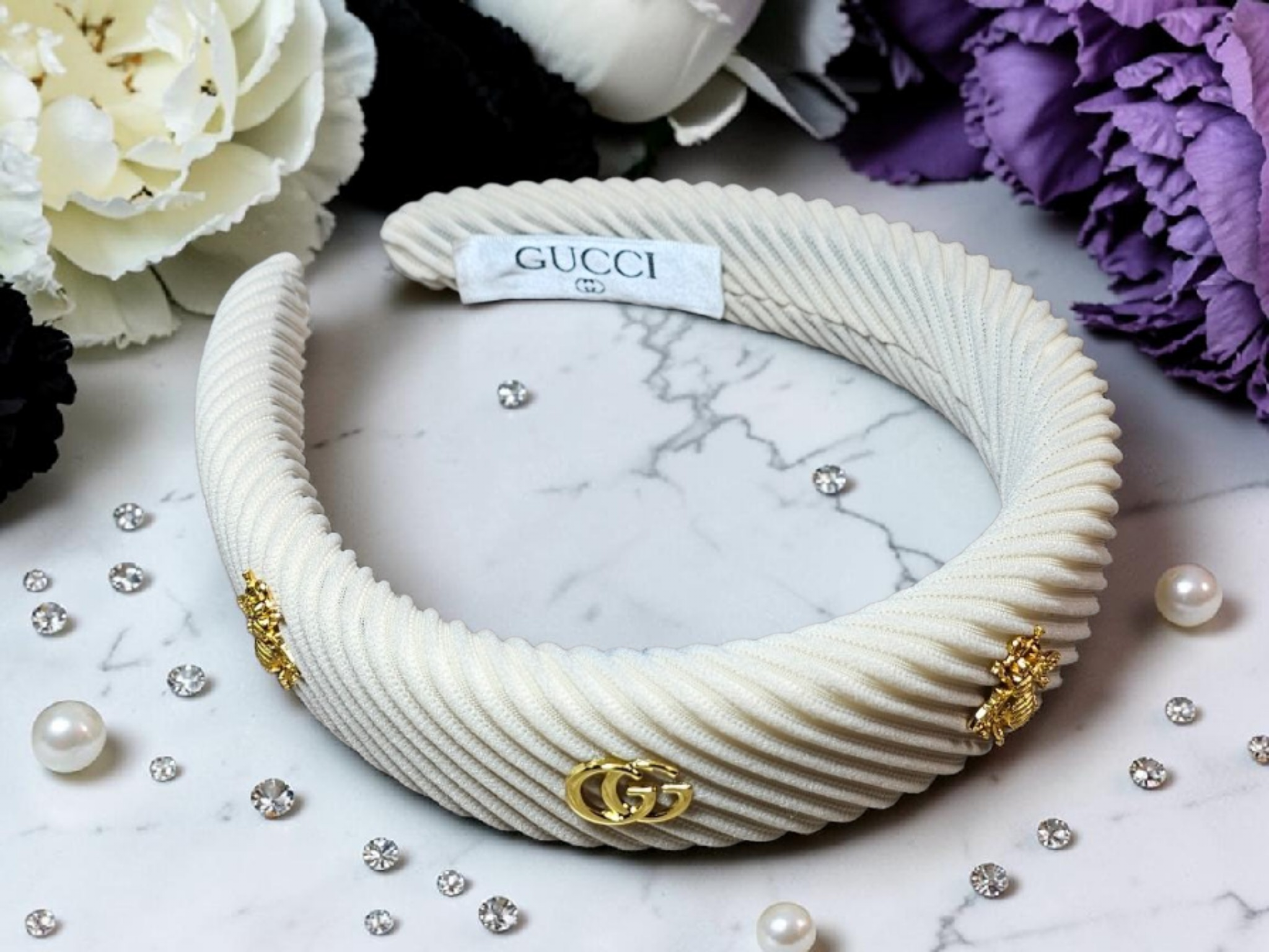 GG Bee Charm Corduroy Headband Gold and Cream