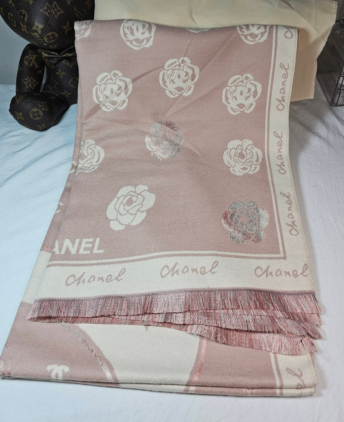 C Logo Large Shawl/ Scarf Pink and White Camellia