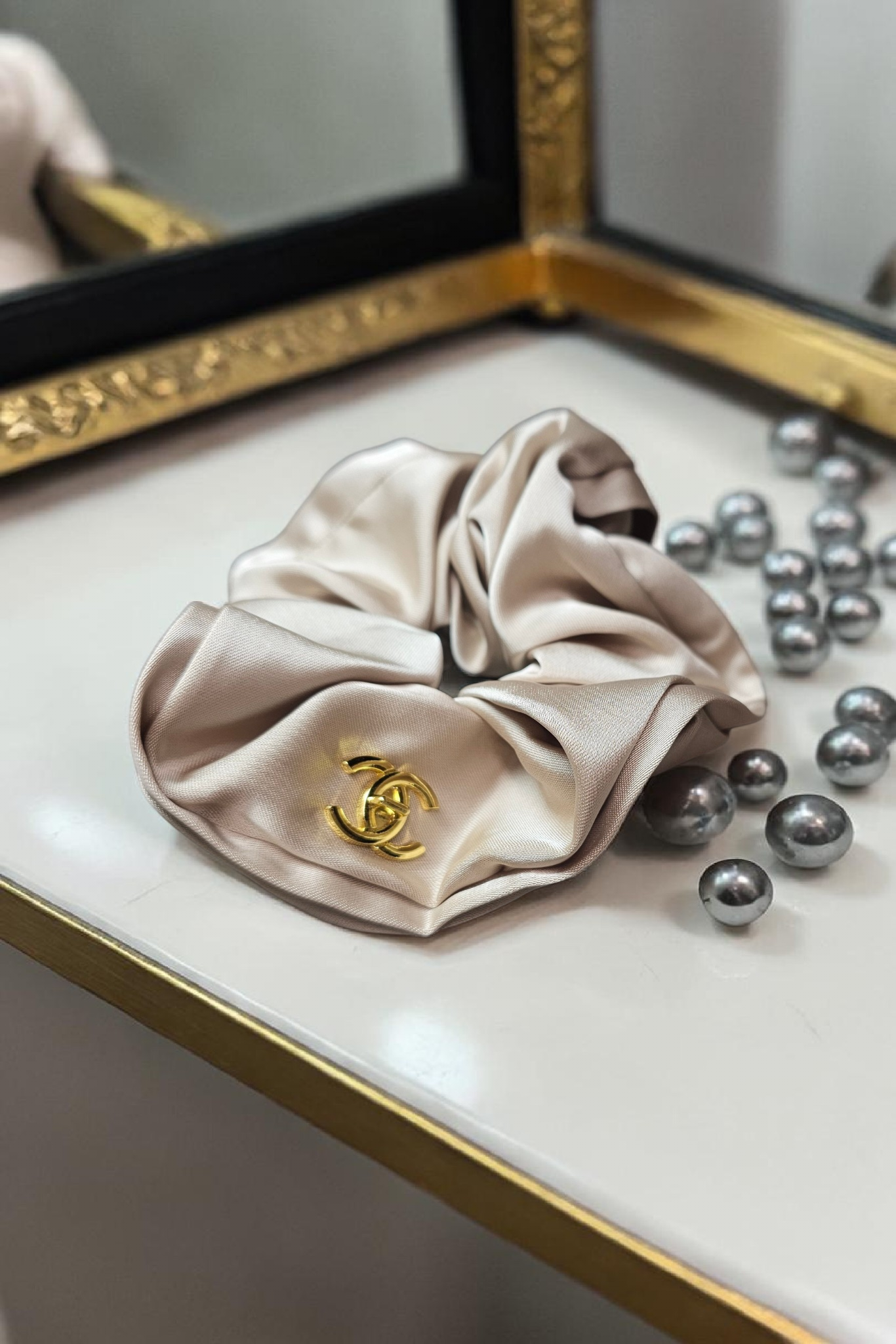 Beige CC Satin Hair Scrunchie