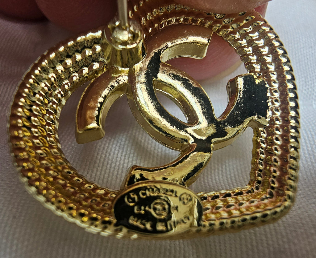 Chanel logo charm Gold Heart Stud Earrings Pierced Ears