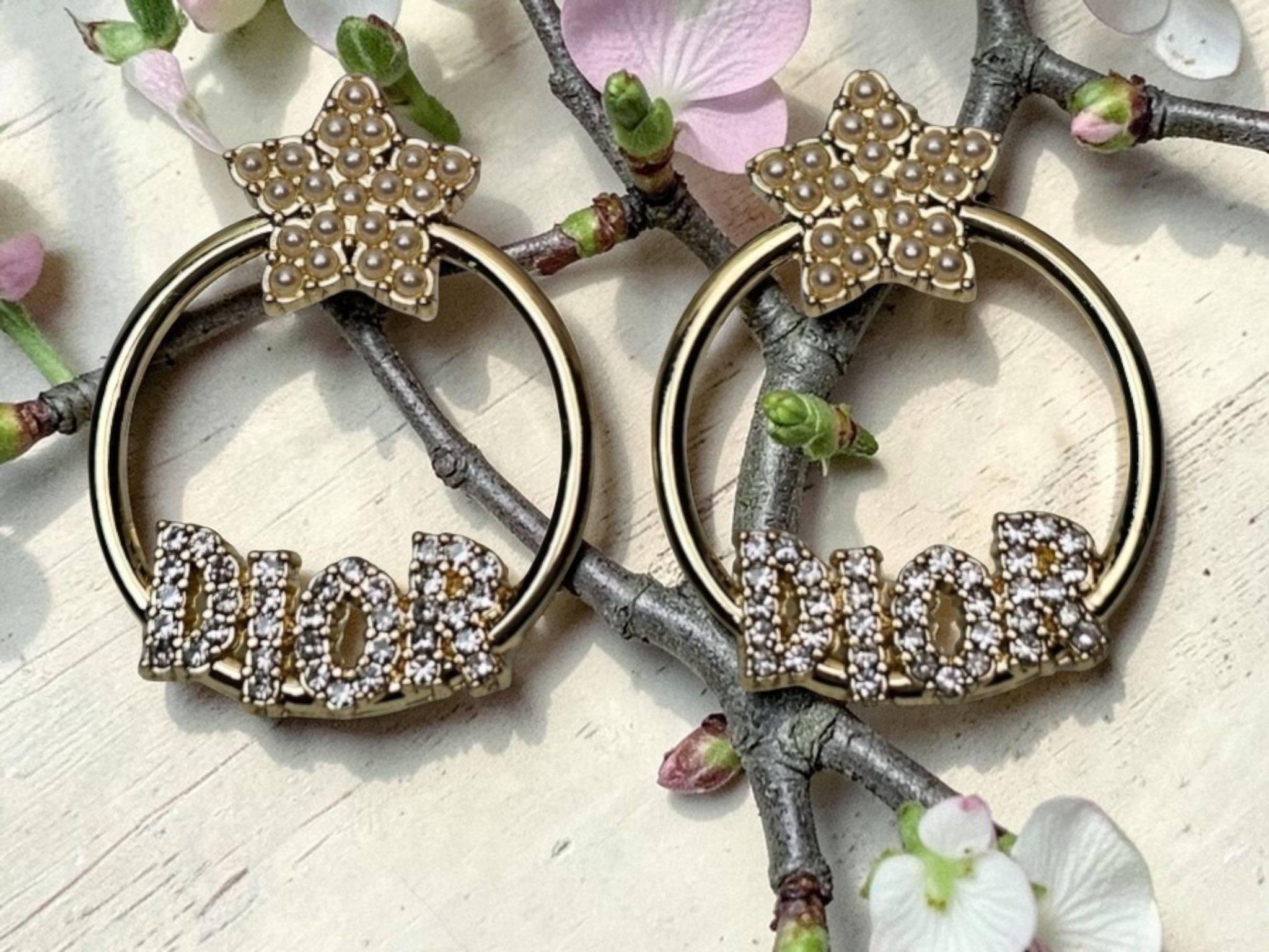 Dior Gold Statement Charm Hoops w/ Pearl Star Accents