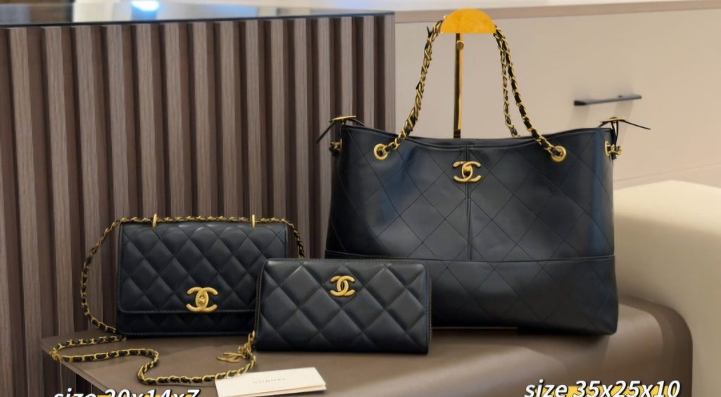 3 piece Black C logo Large Tote, single flap Crossbody and long Wallet
