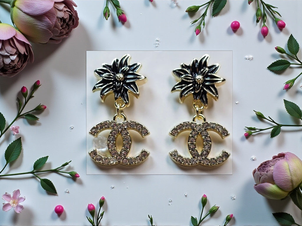18K gold plated Floral CC logo Dangle Pierced Stud Earrings