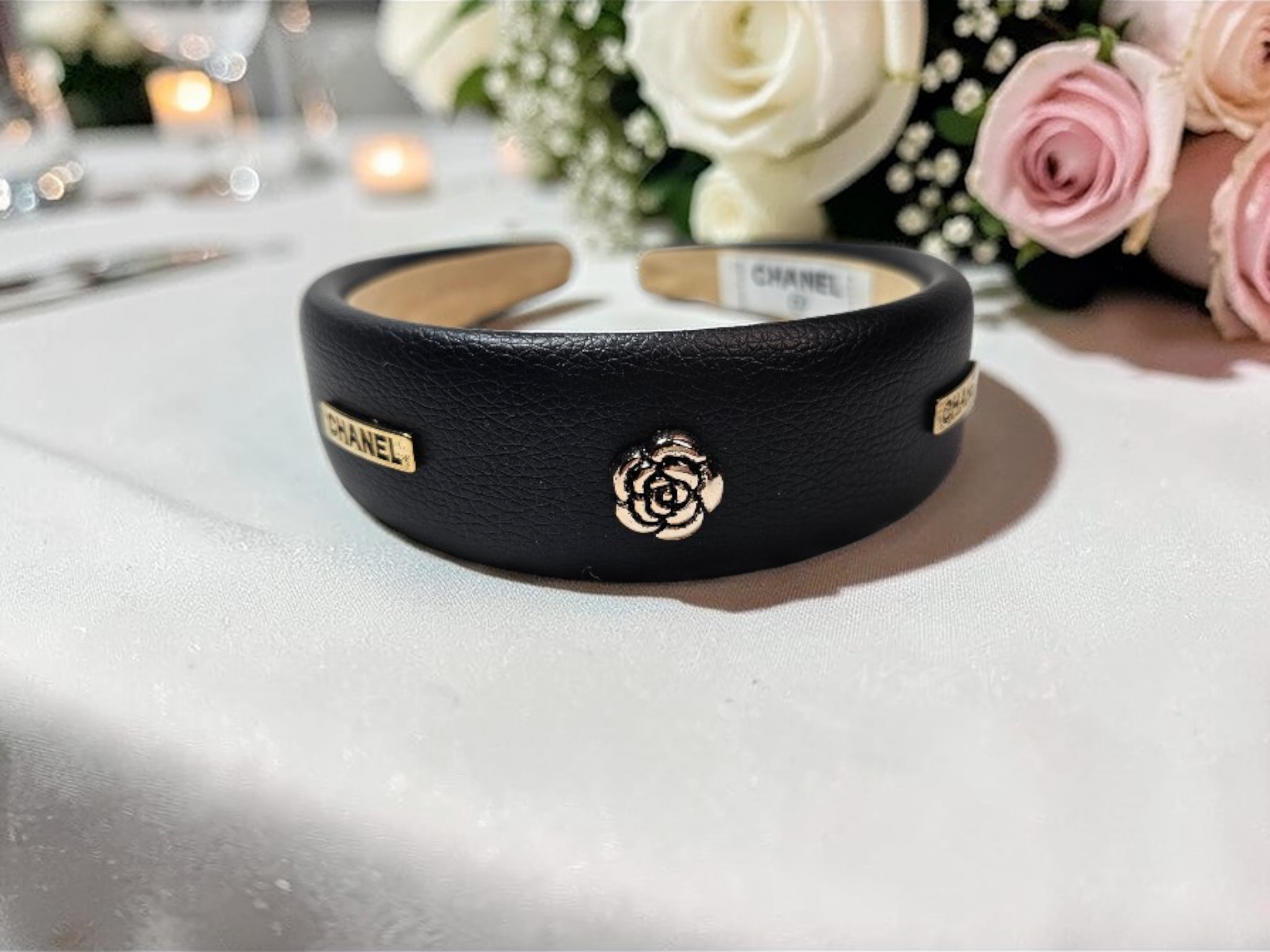 CC Camellia Charm Black Genuine Leather Headband