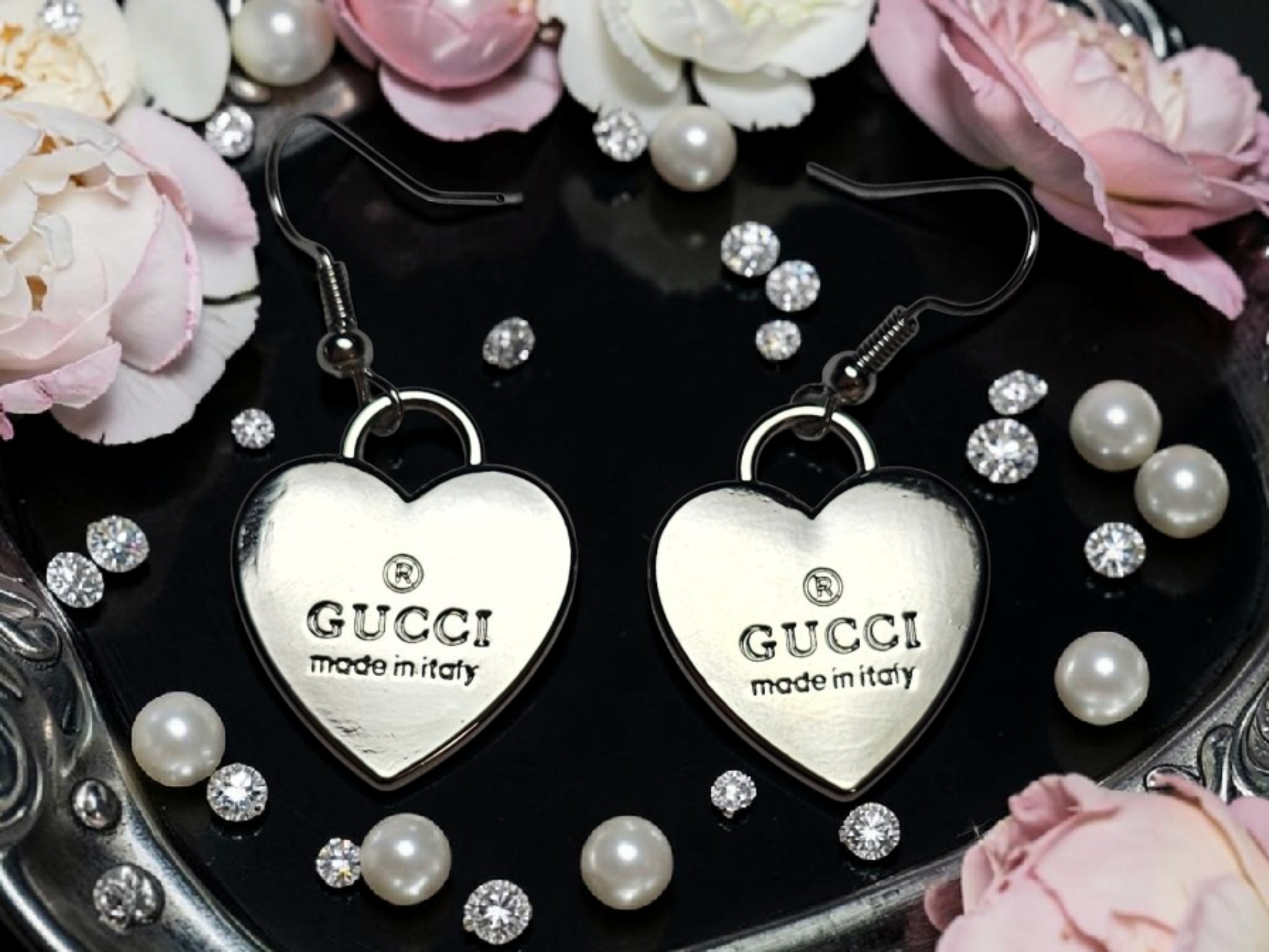 Silver Charm Heart Drop Earrings
