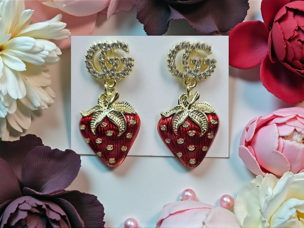 18K gold plated GG Logo Strawberry Dangle Pierced Earrings