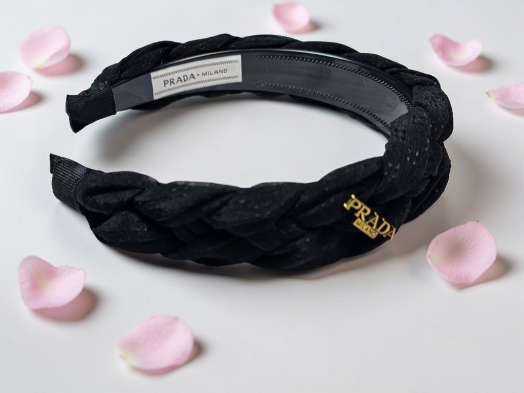 Prada logo charm Black Braided Headband Tagged New