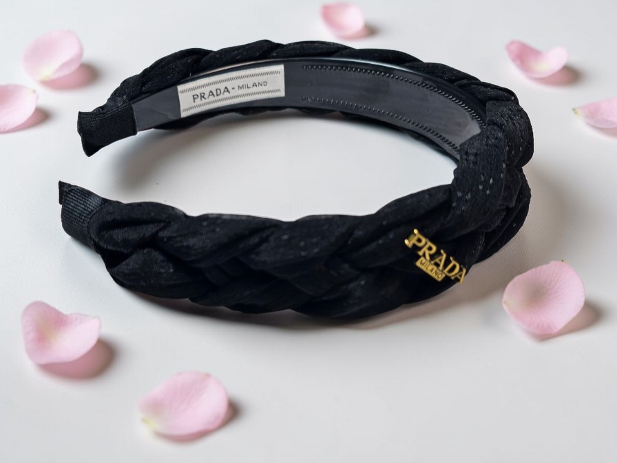 Prada logo charm Black Braided Headband Tagged New
