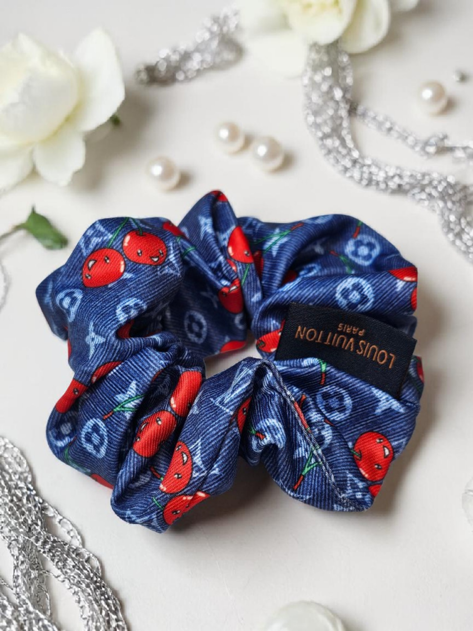 Cherry Louis Logo Silk Scrunchie Blue