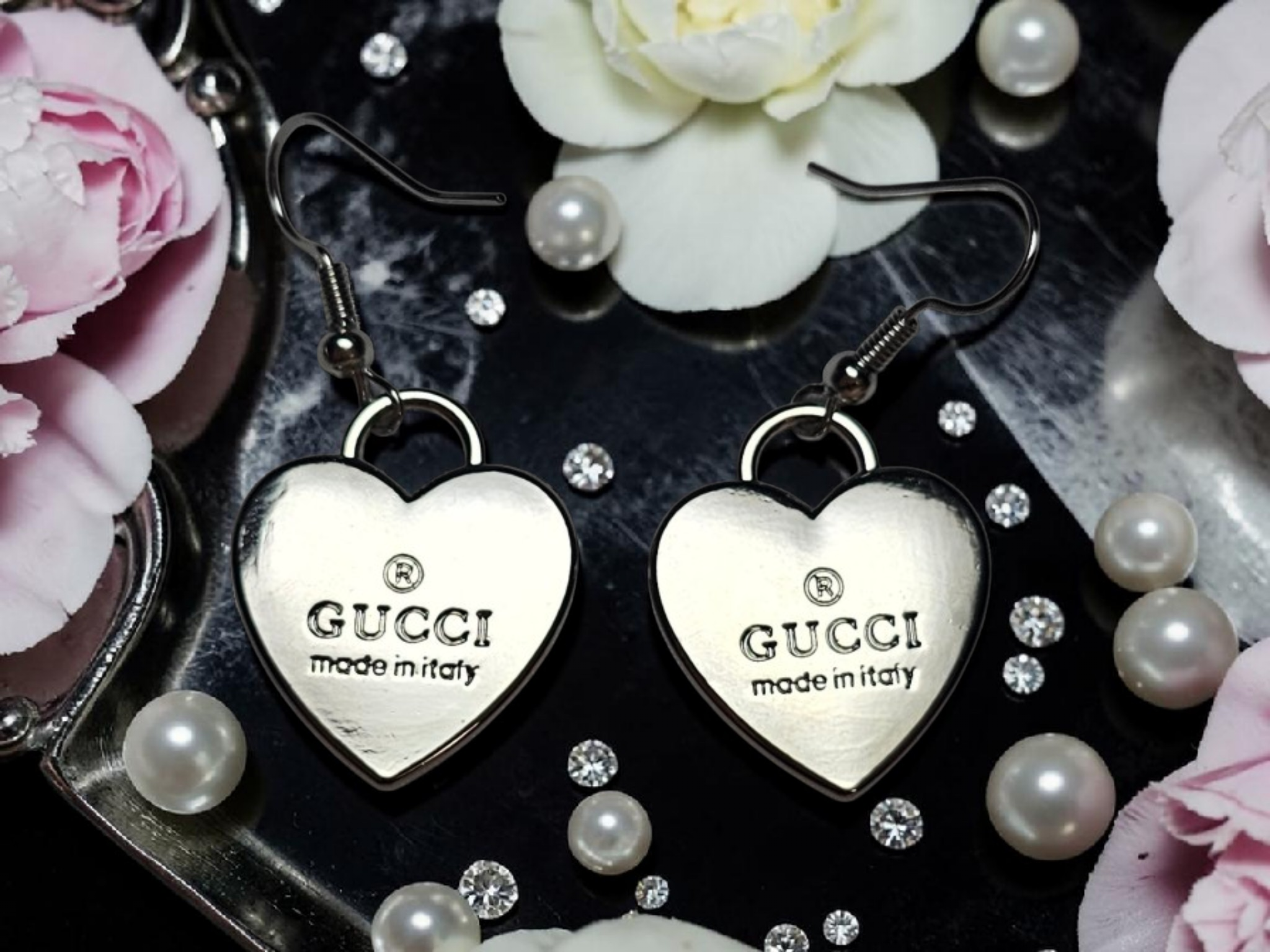Silver Charm Heart Drop Earrings