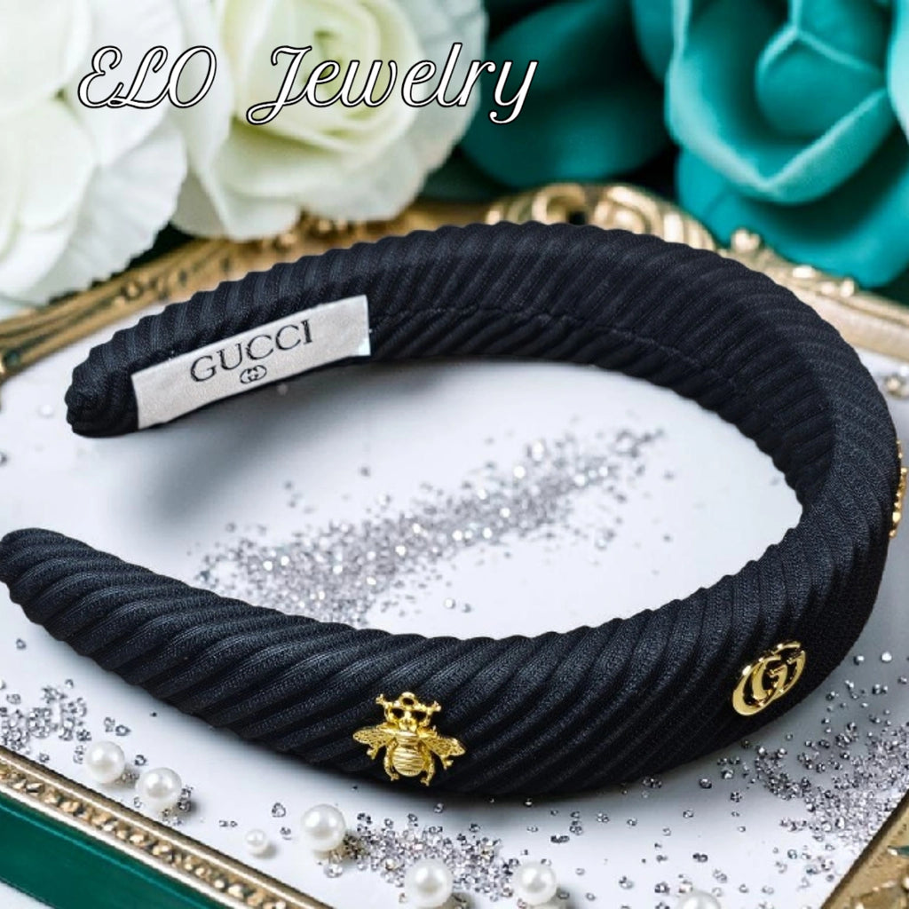GG Logo Bee Headband Black Corduroy with Charms