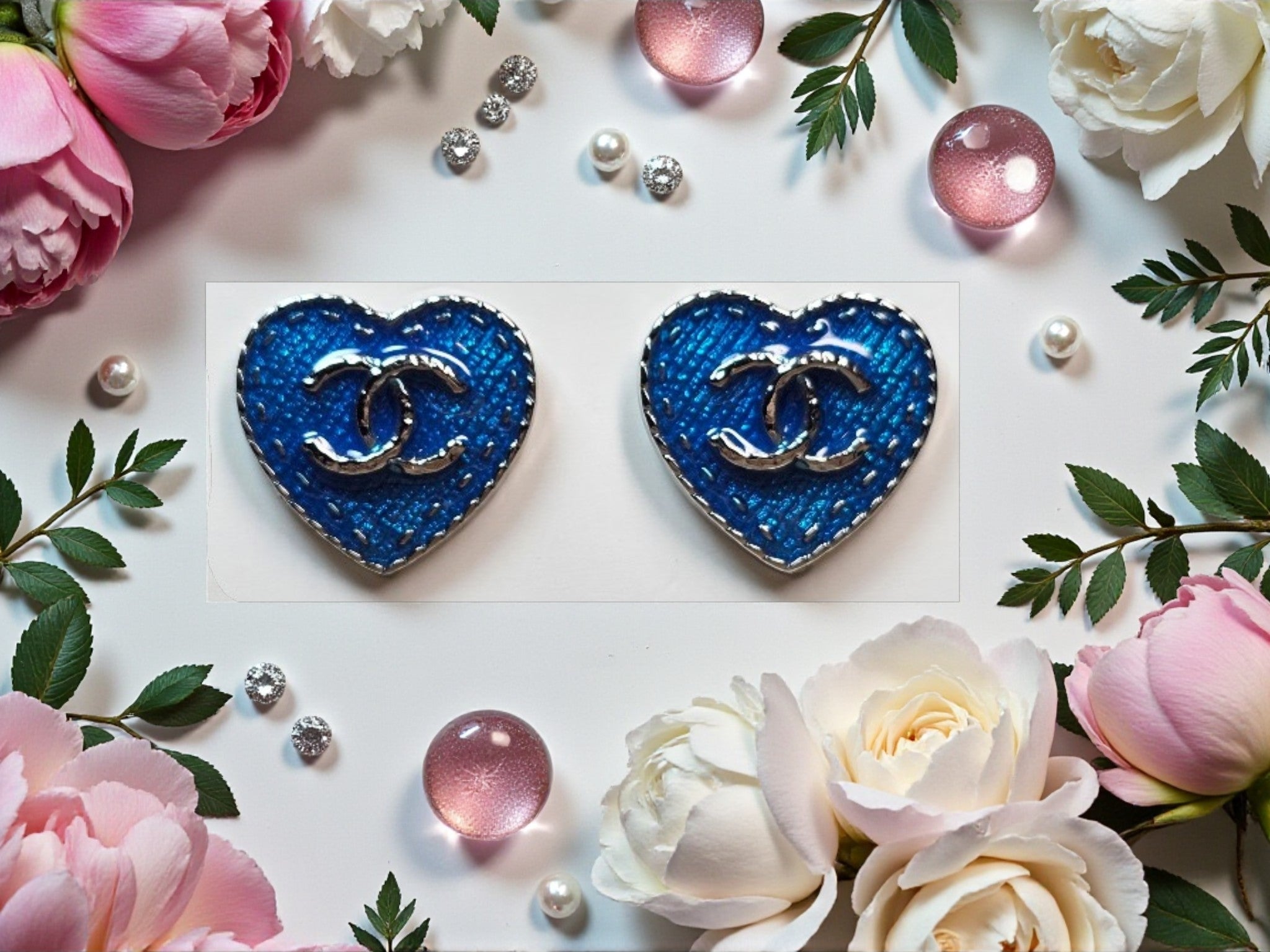 18K White Gold Plated "Denim Blue" Heart Pierced Stud Earrings