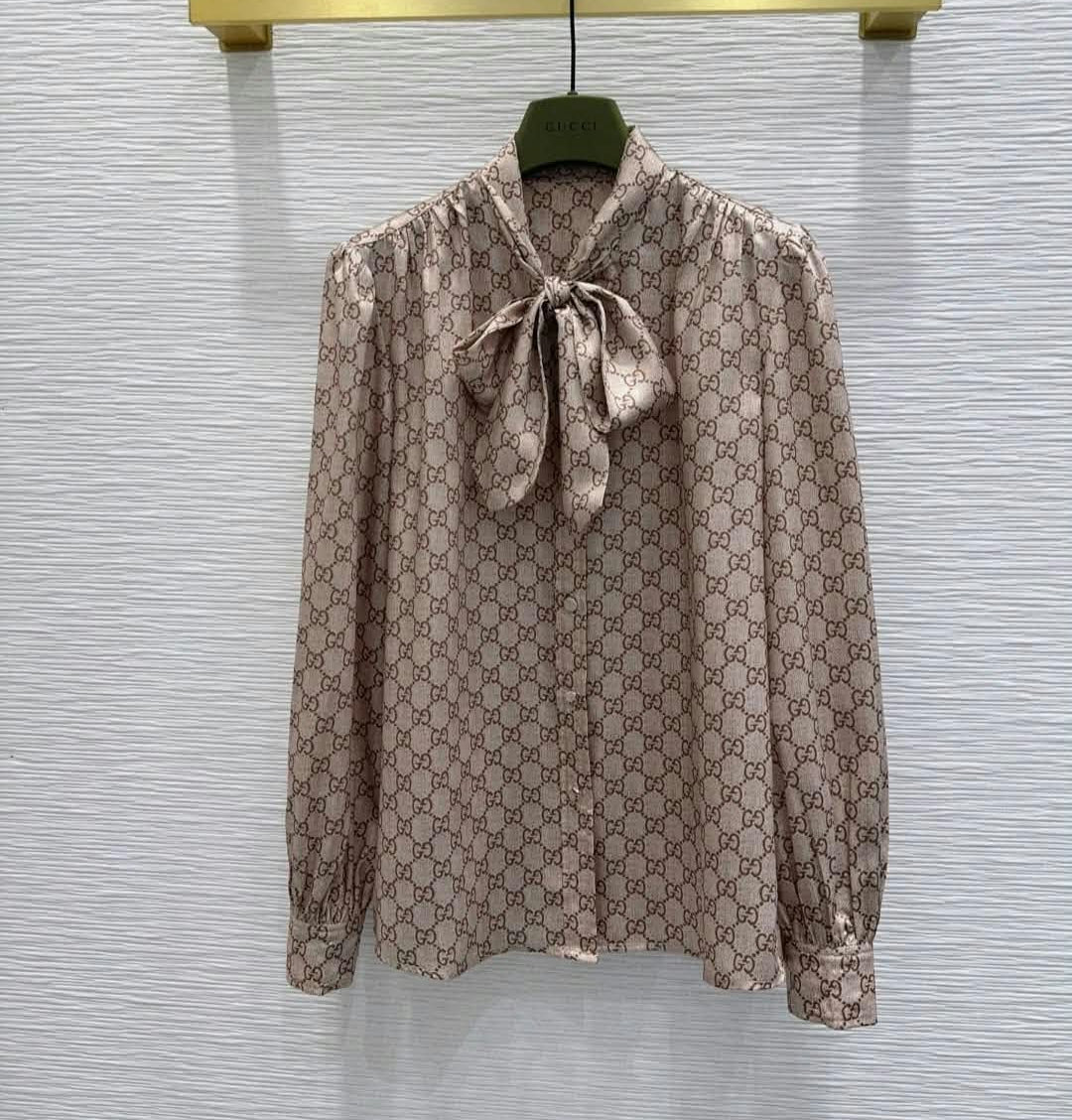G Logo Beige Button Down Blouse