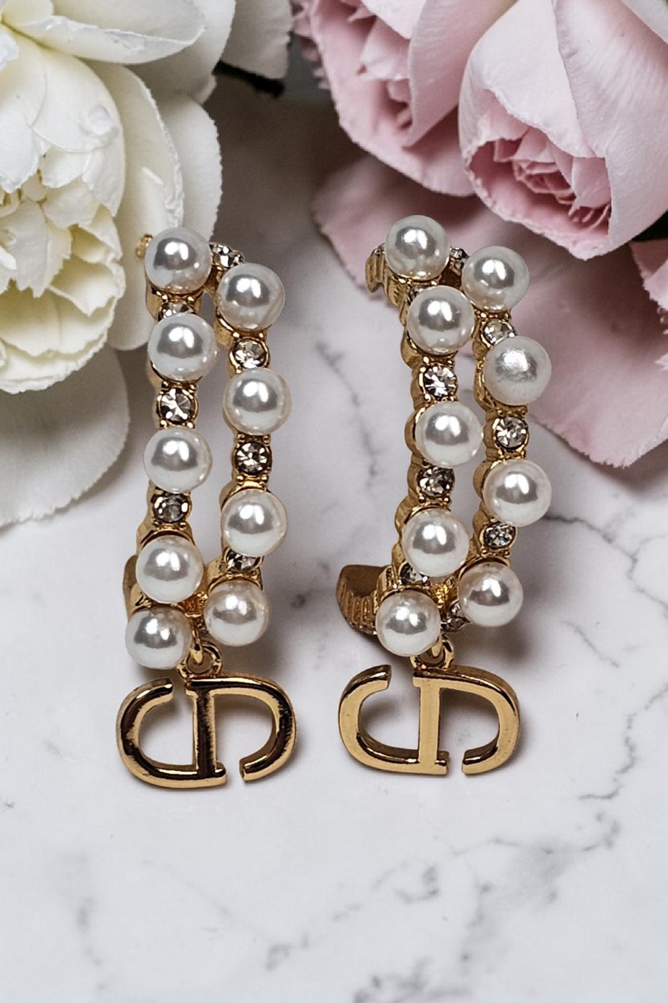 CD Dangle Pearl and Gemstone hoops for pierced ears
