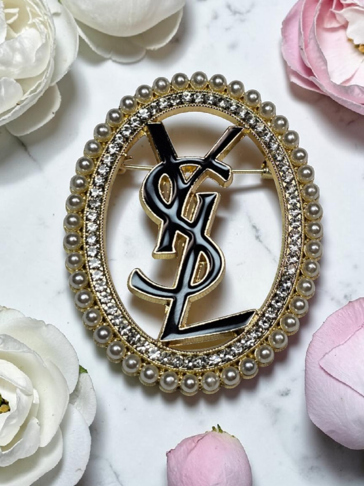 Gold and Black Logo Charm Brooch