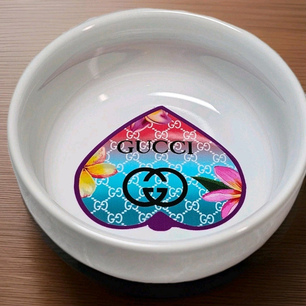 Custom designed Gucci Logo mini bowl White with Gucci multicolor floral Heart graphic