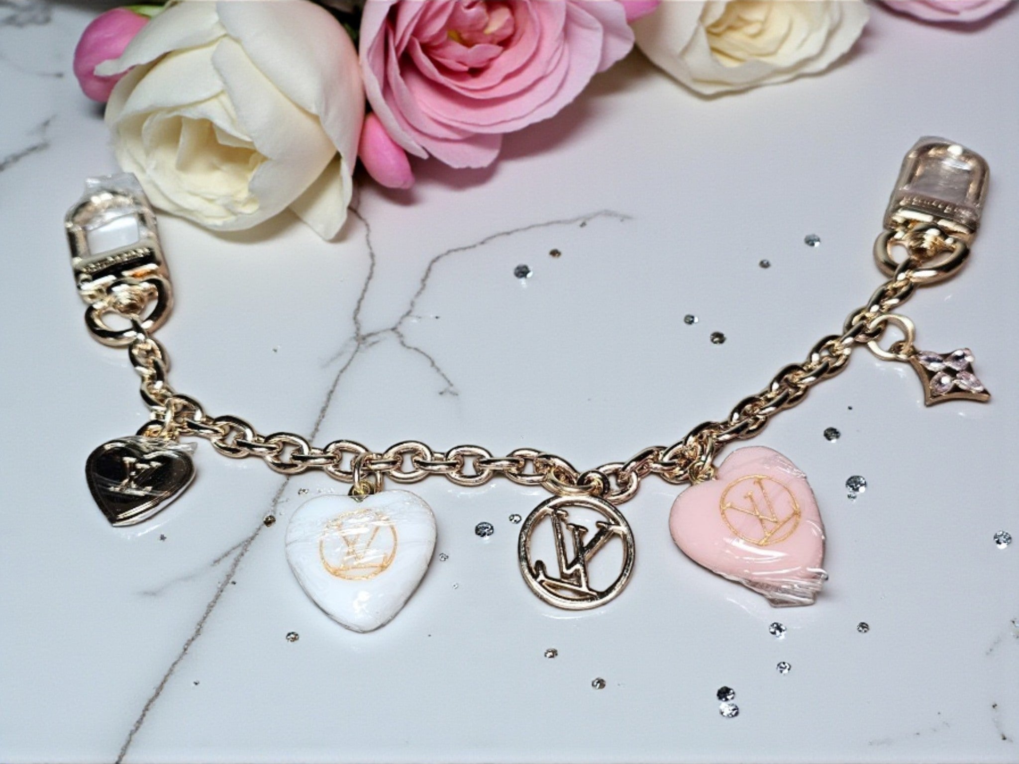 LV Logo Bag Chain Pink and Gold Hearts