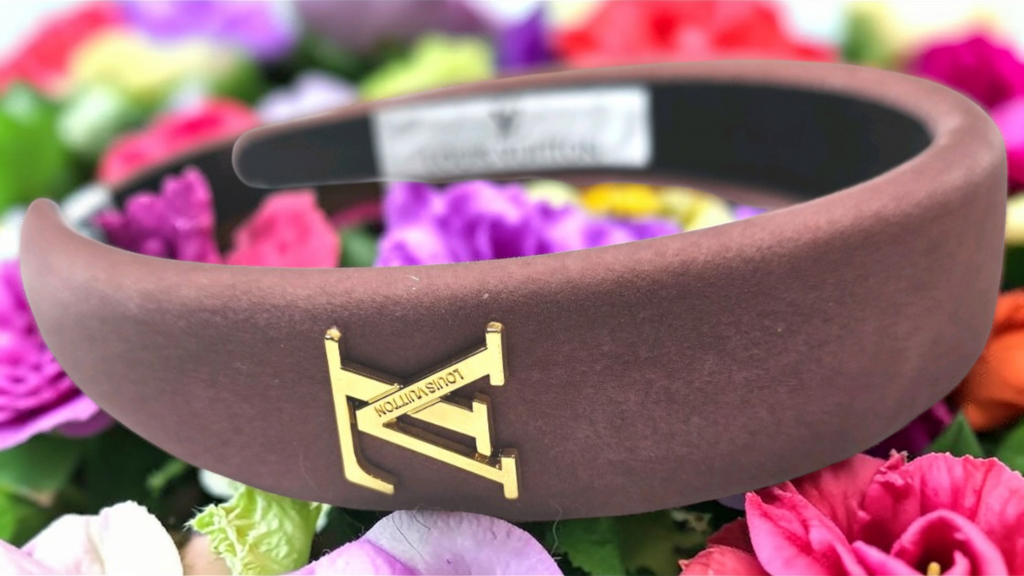 Pink Velour Louis Vuitton logo Charm Headband