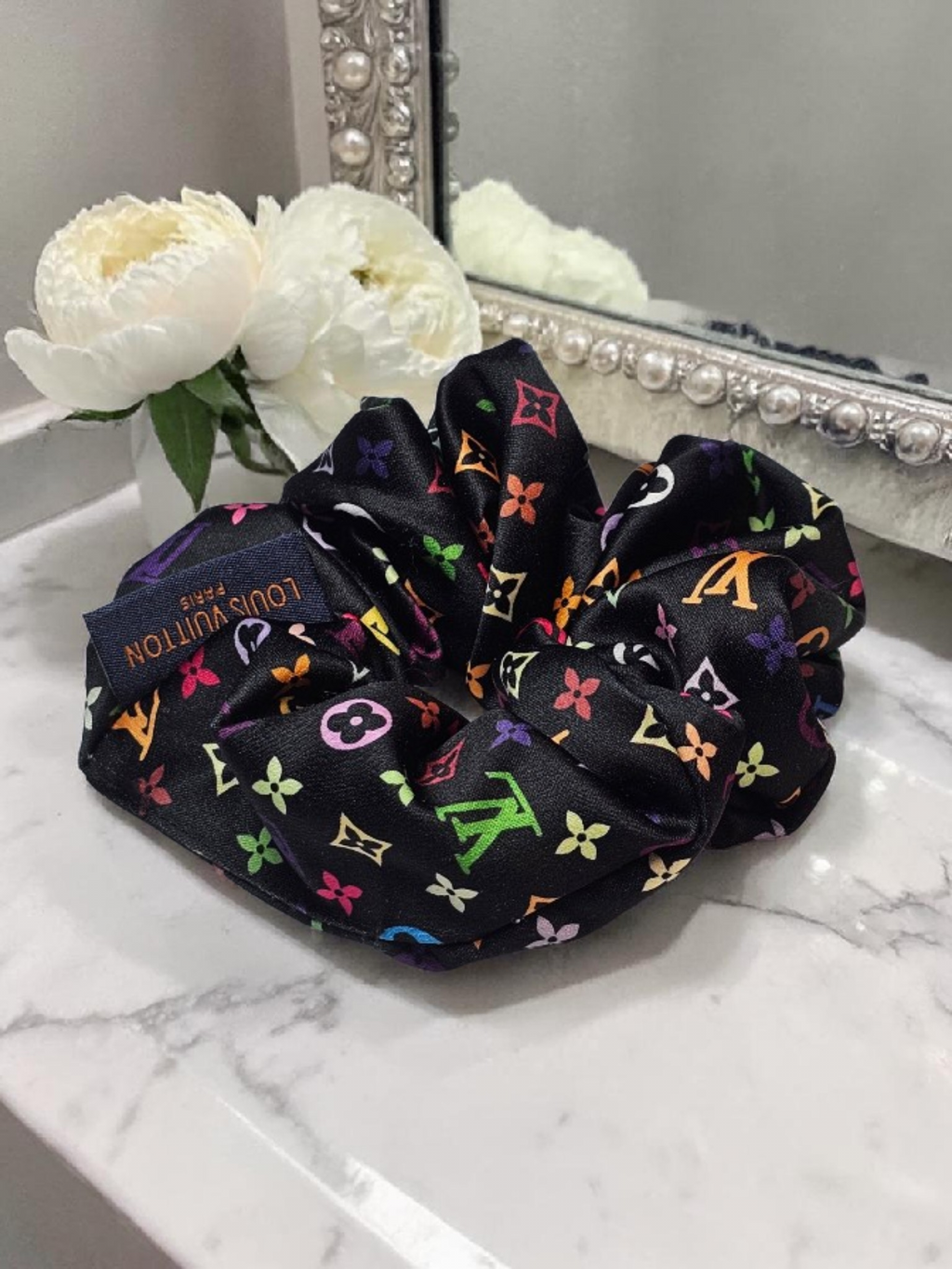 Louis x Murakami Logo Scrunchie Black Summer 100% Silk NEW