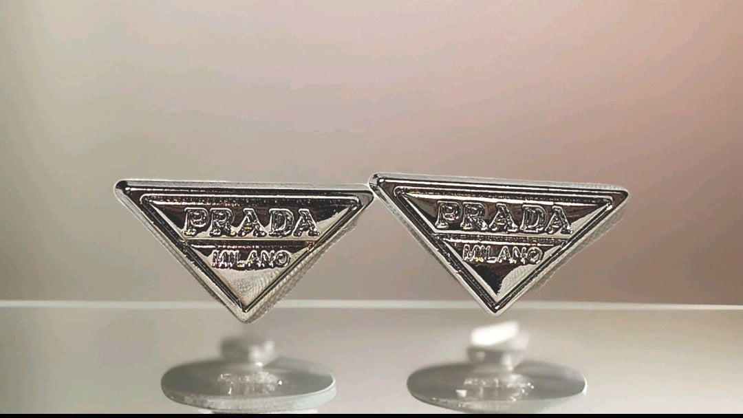 Silver Prada logo charm Triangle Stud Earrings