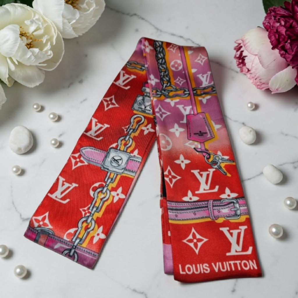Louis logo Bag Scarf Hair Accessory Tagged 100% Silk Red