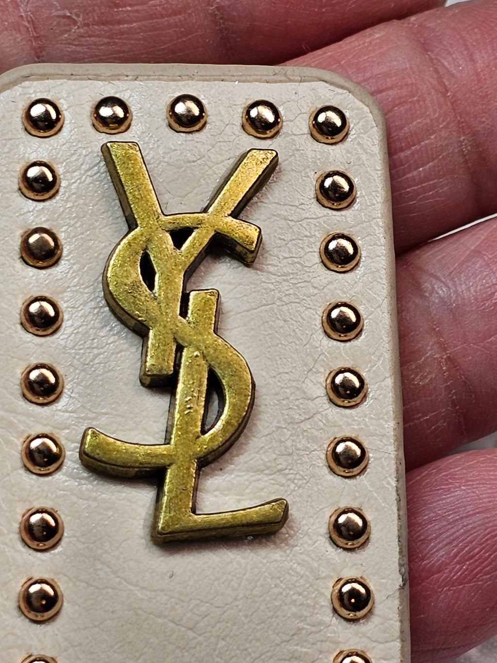YSL Logo Charm Barrette — Beige & Antique Gold
