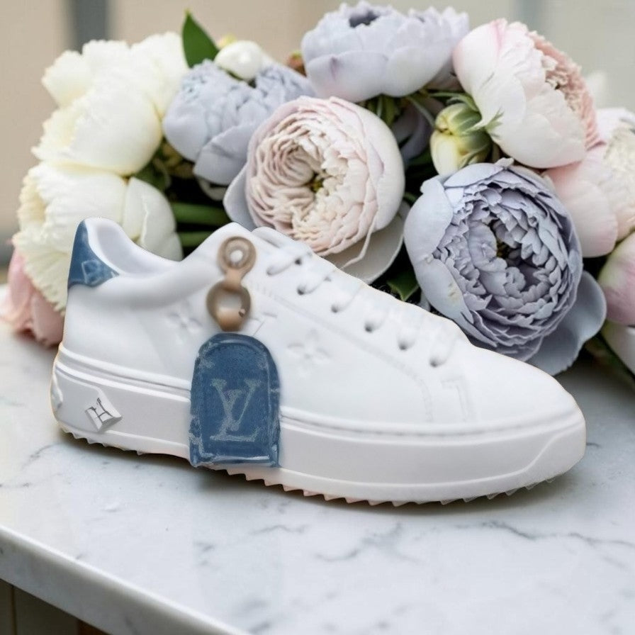White and Denim L logo Women's sneakers with shoe charm US Size 9 EU Size 40