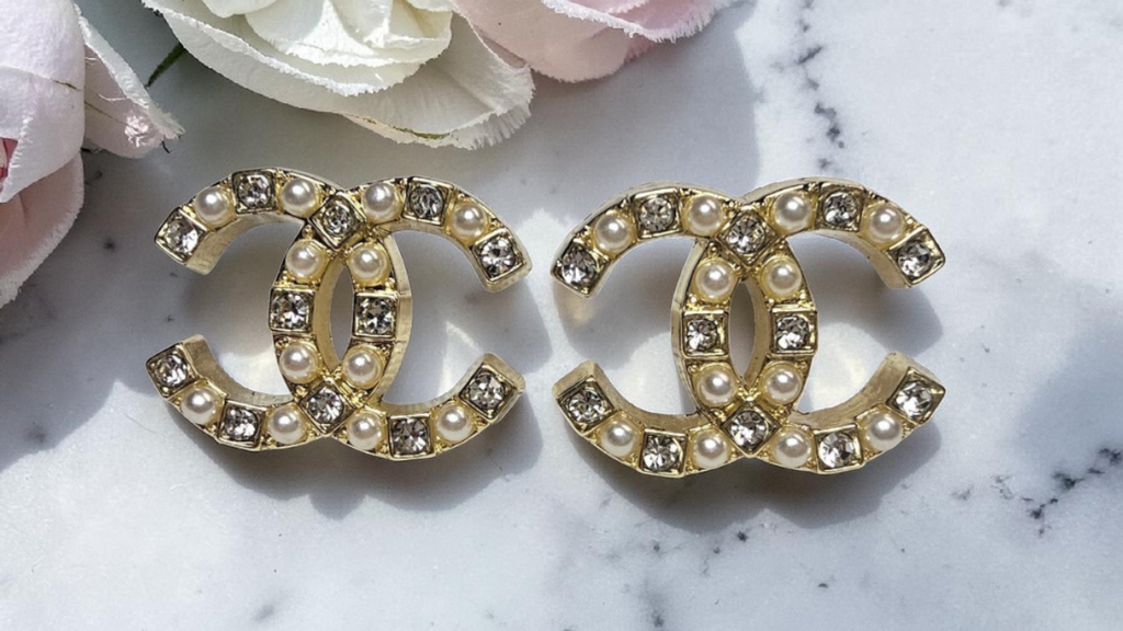 CC Logo charm Gold Pearl and Gemstone Earrings
