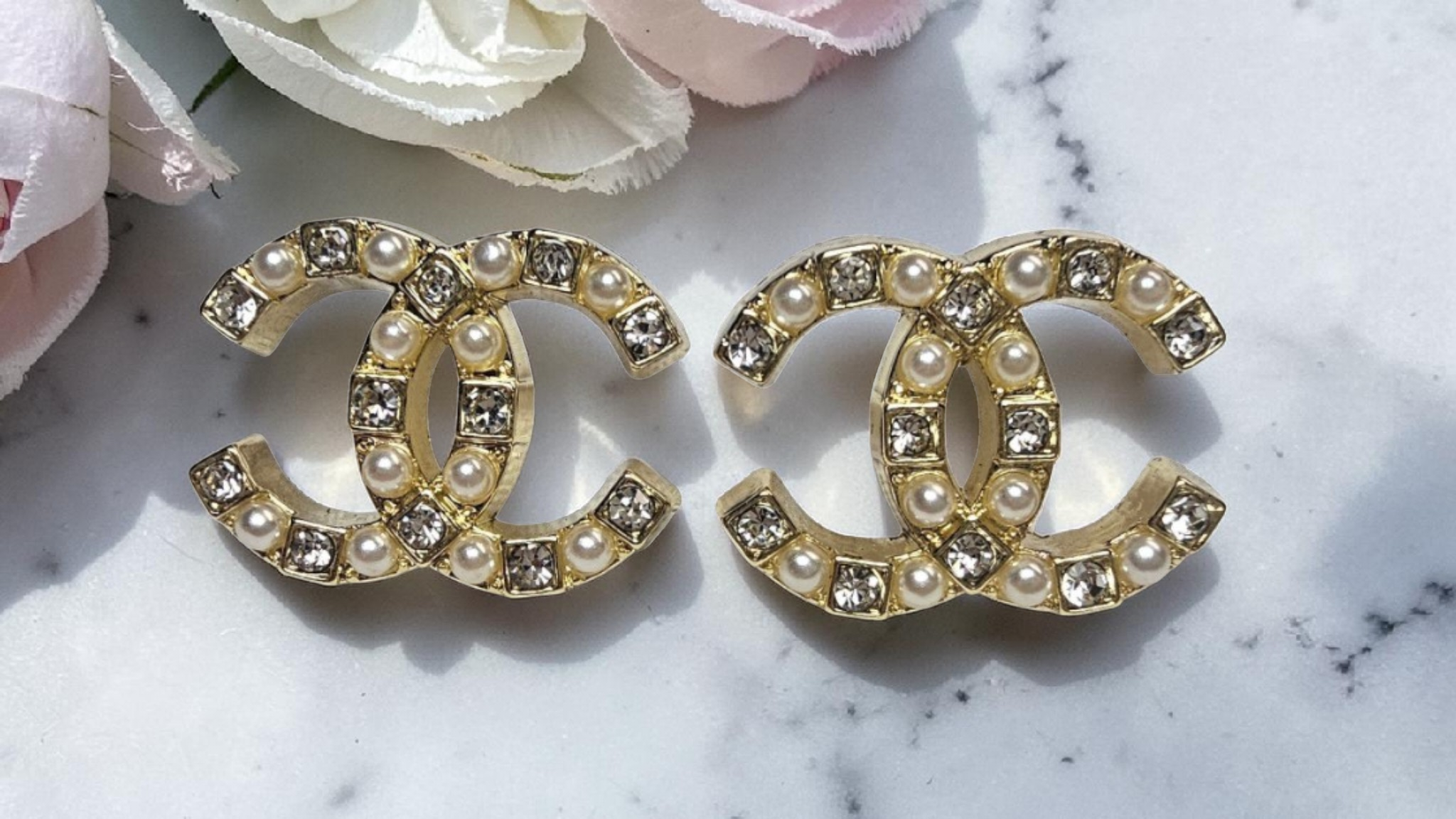 CC Logo charm Gold Pearl and Gemstone Earrings