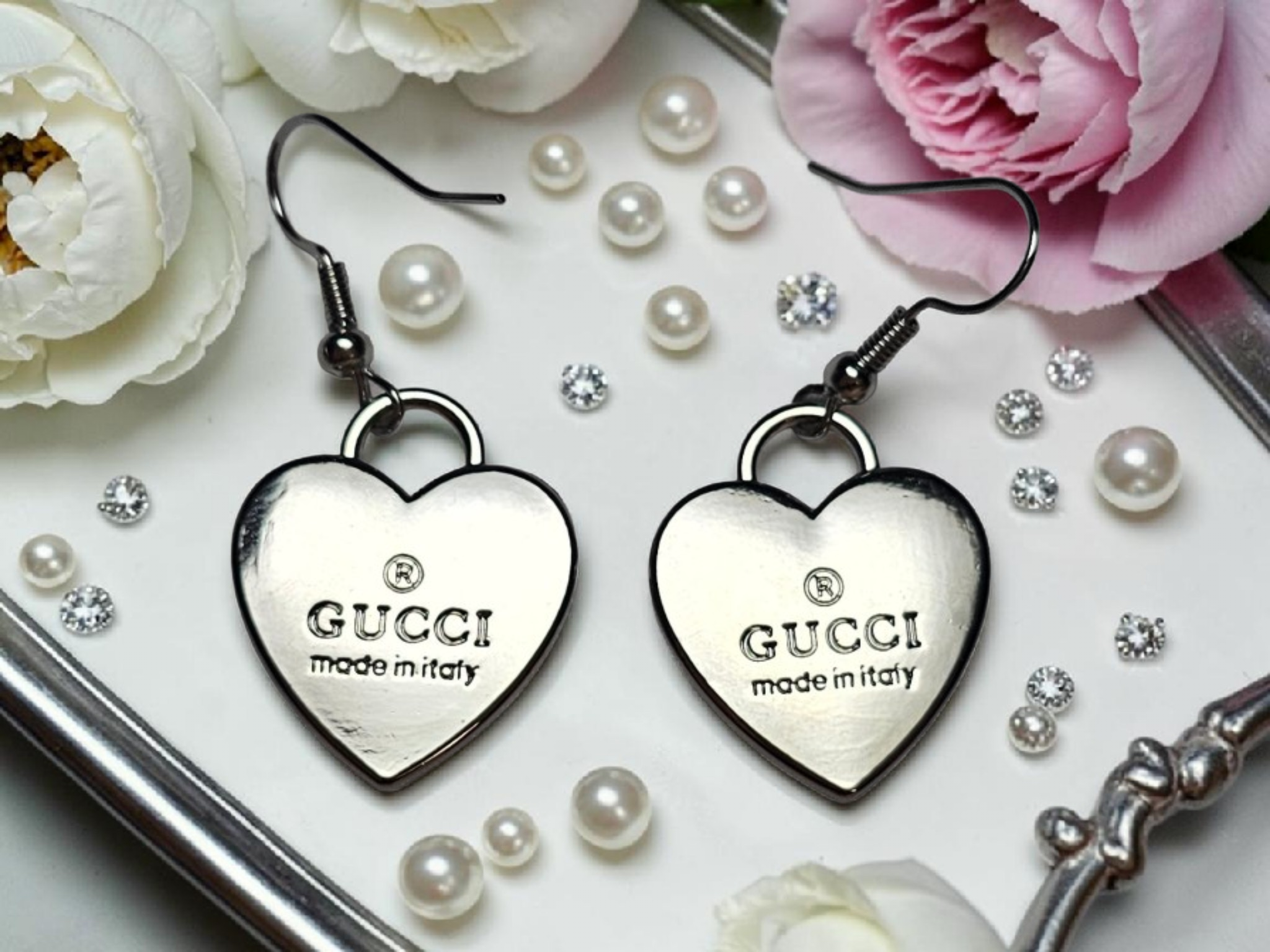 Silver Charm Heart Drop Earrings