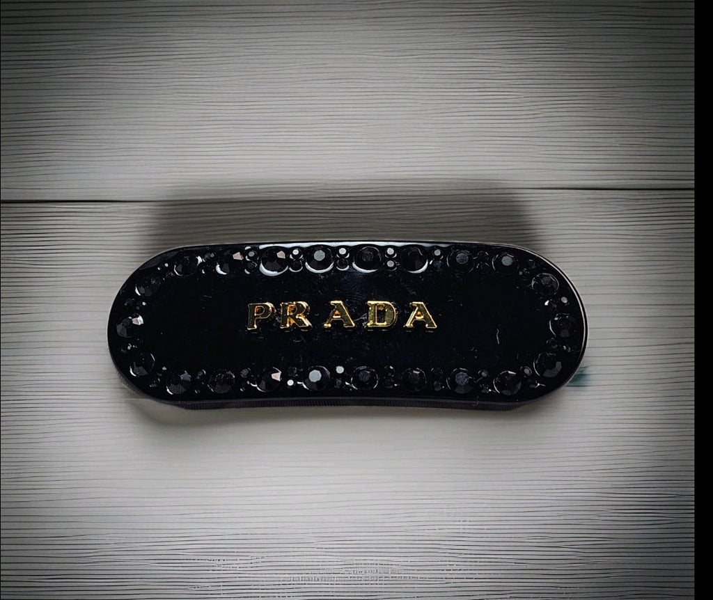 Black Gemstone Luxury Prada Logo Sparkling Stone Hair Clip
