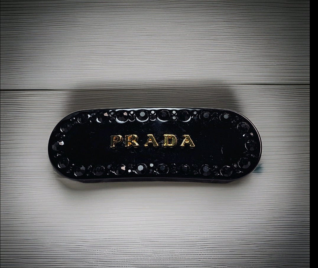 Black Gemstone Luxury Prada Logo Sparkling Stone Hair Clip