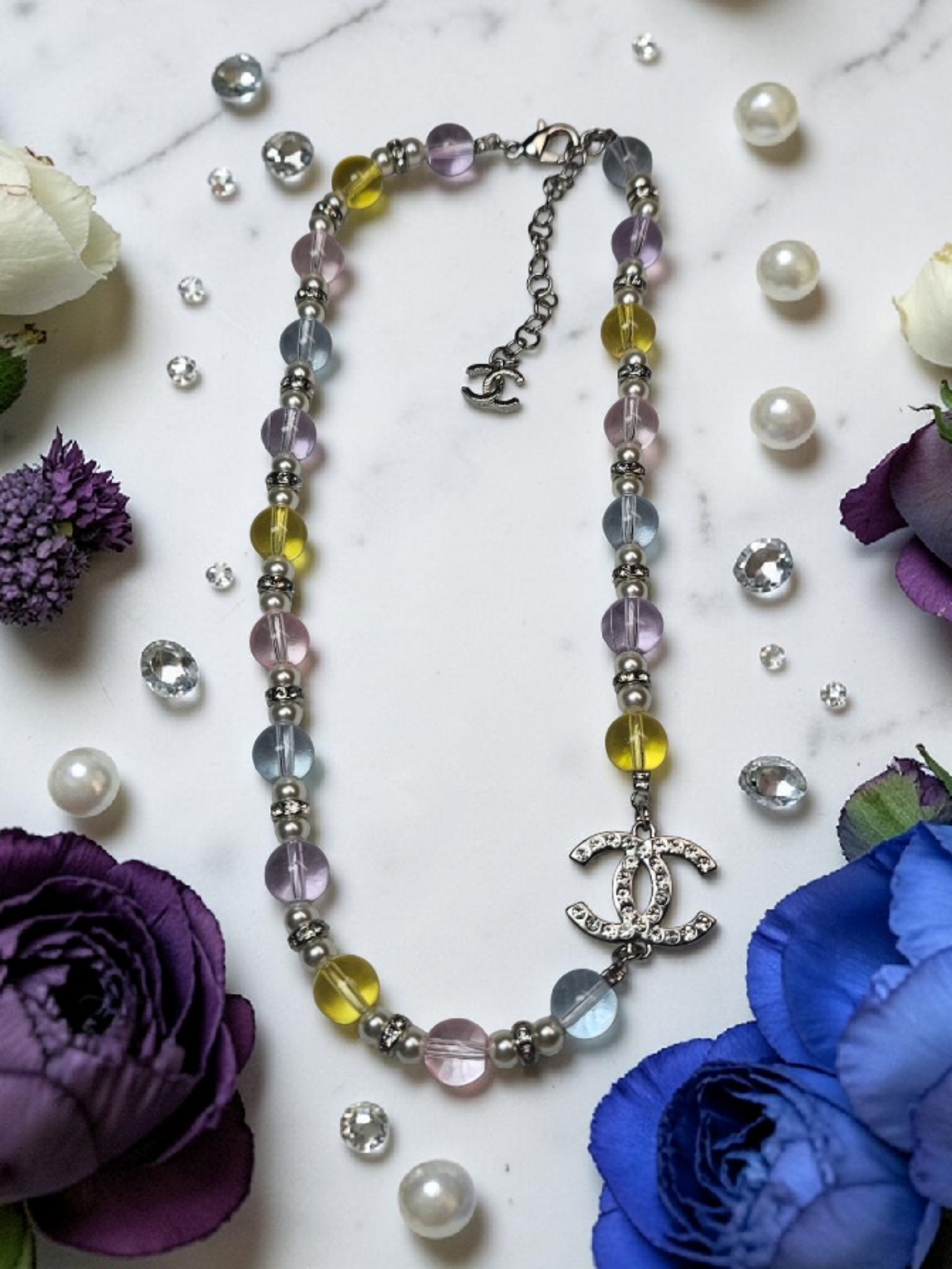 CC Logo Double Charm Multicolor Glass Bead Necklace