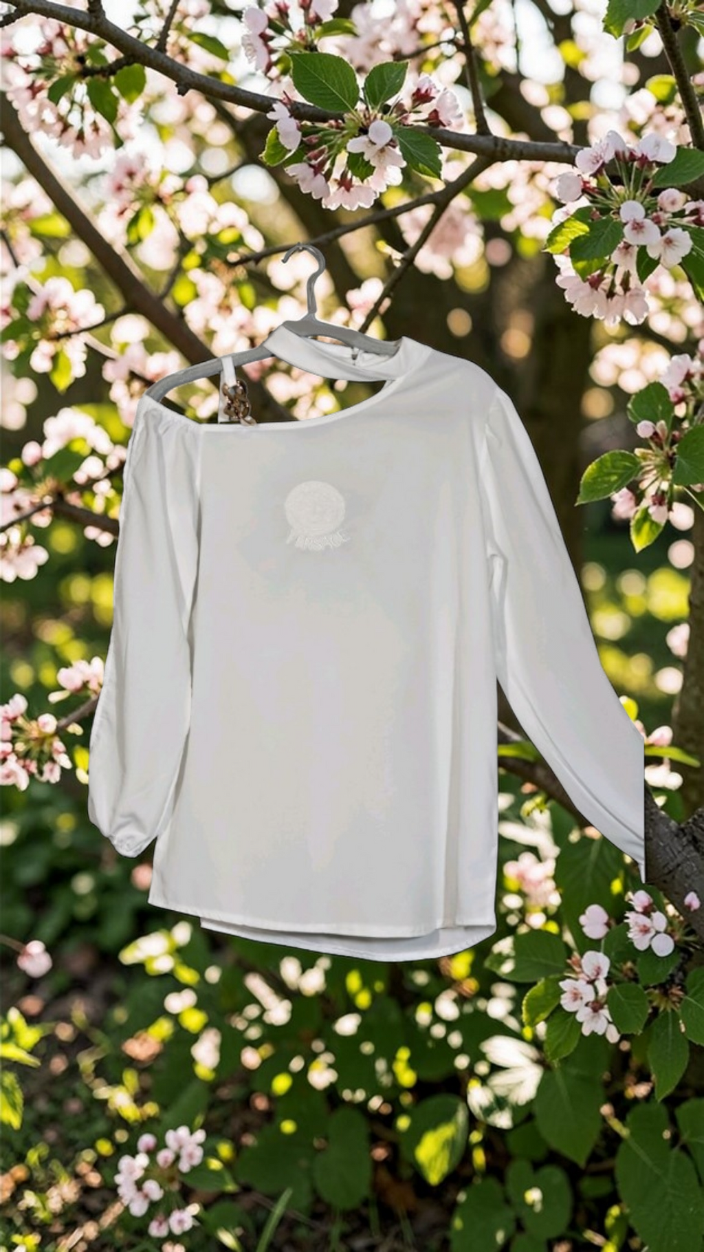 Medusa logo White Silk Blend Asymmetric Embroidered Blouse Size US Large