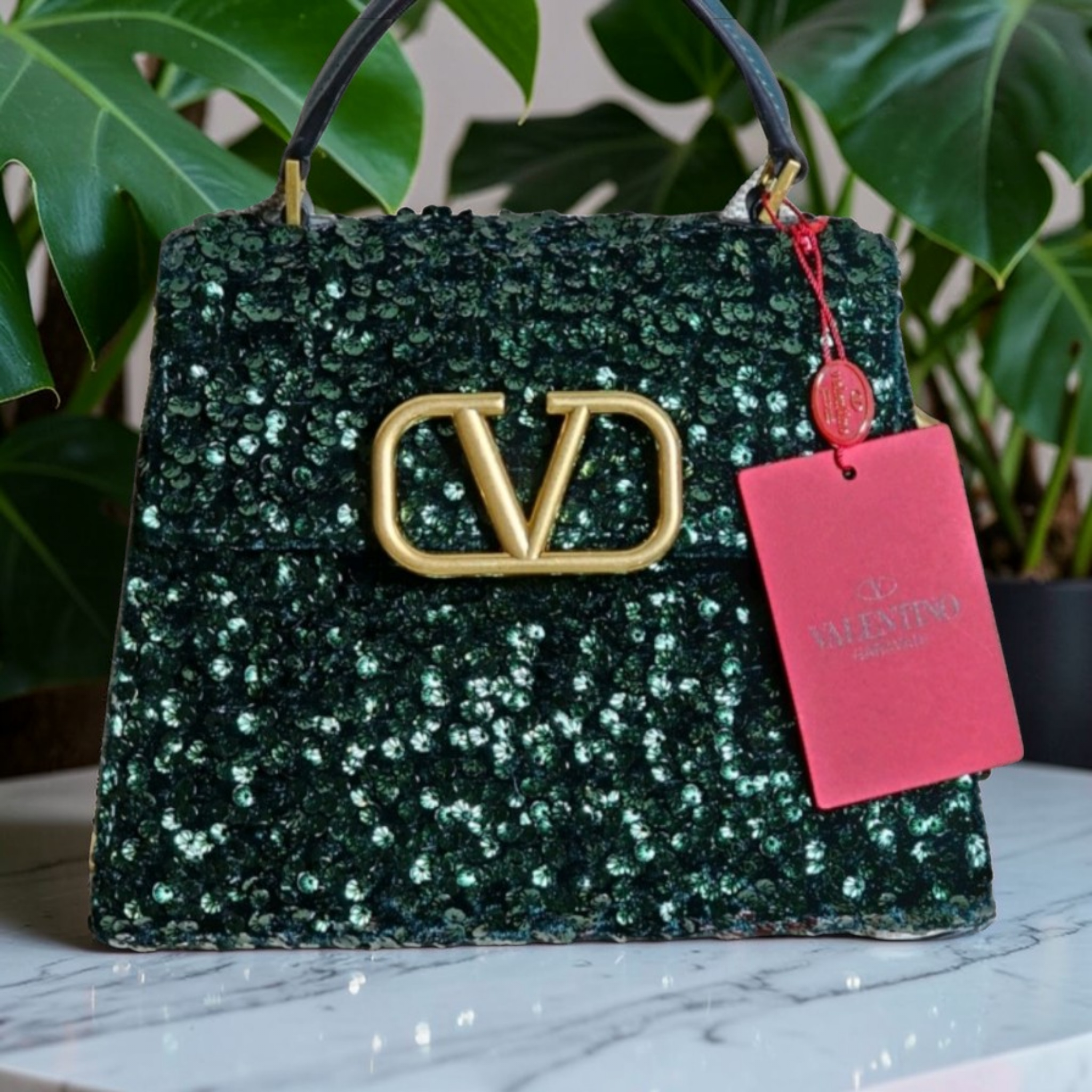 Valentino Garavani Green Sequin & Leather Crossbody Bag NFC Chip Enabled