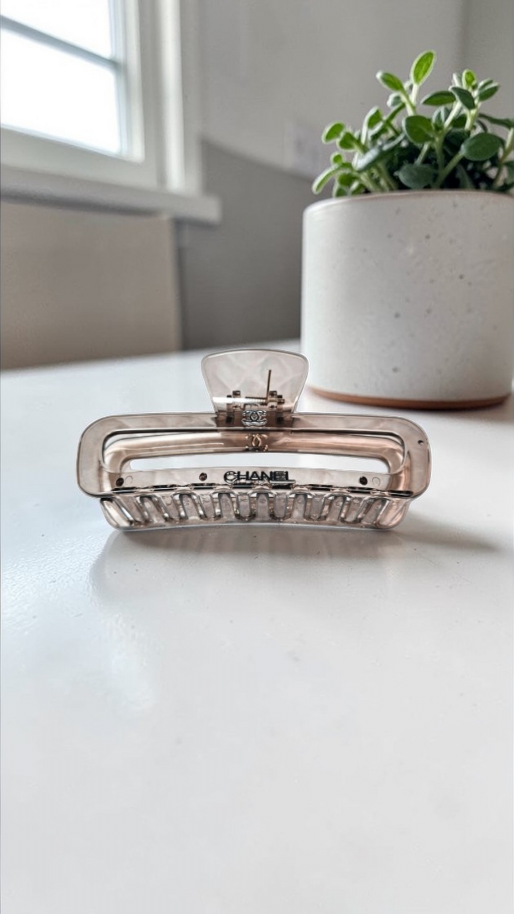 CHANEL Inspired CC Logo Large Claw Hair Clip in Beige Gray